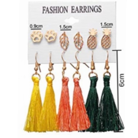6 Pair Set of Fashion Earrings:pineapples, paw prints, palm leaf studs & tassels - Picture 4 of 7